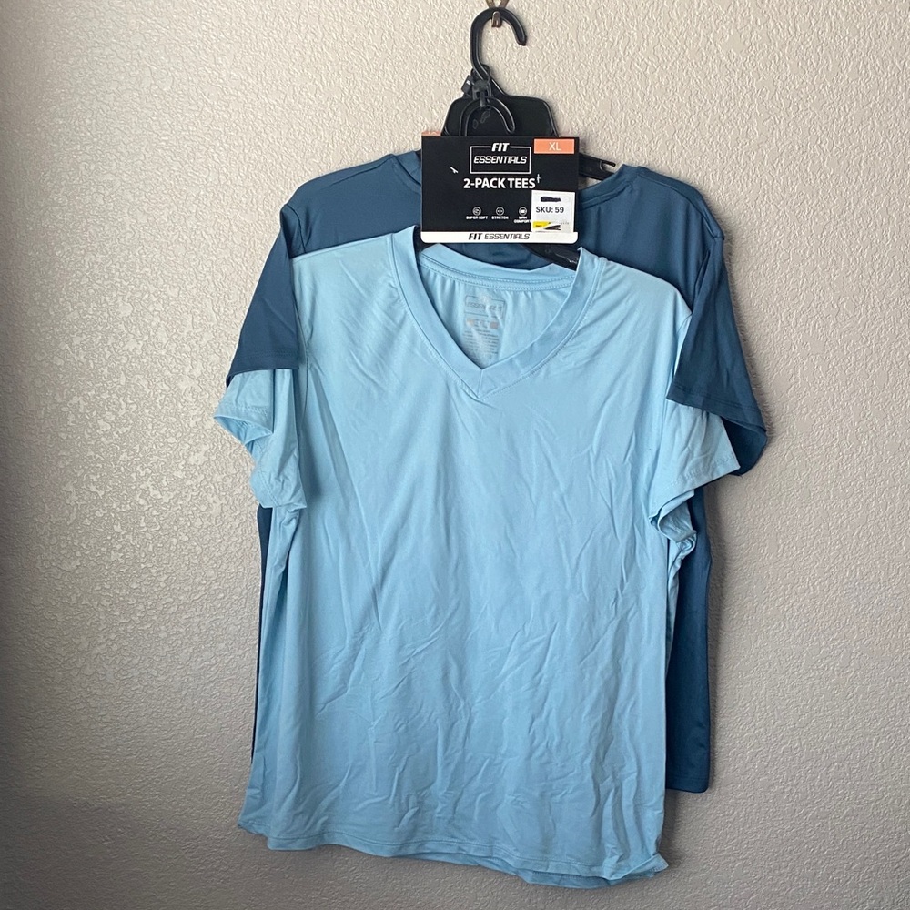 FIT ESSENTIAL Women 2 Pack Scoop Neck and V Neck T Shirt Ligth Blue/Teal Blue